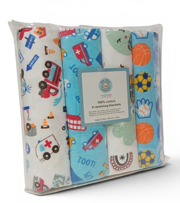 4-Piece Printed Receiving Baby Blanket Set